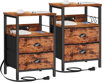 Furologee Nightstand Set of 2, Rustic Brown, with Charging Station and USB Ports, Side Tables with 2 Fabric Drawers, Bedside Tables with Storage Shelf & Hooks, for Living Room/Bedroom - LeafyLoom