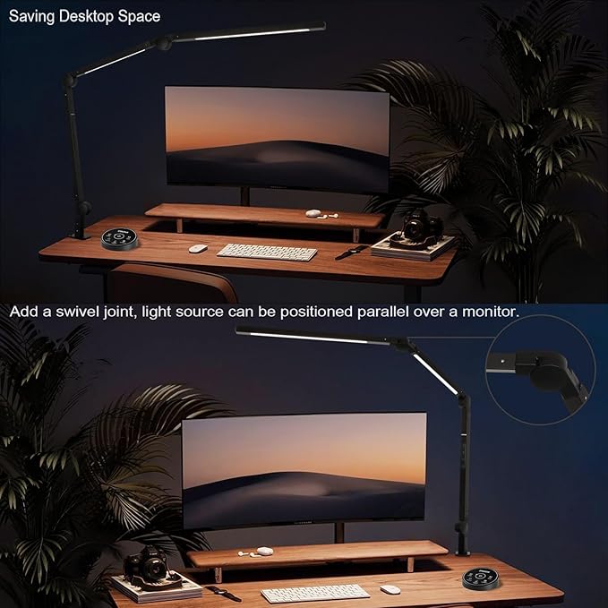 Desk Lamp, LED Desk Lamp with Clamp for Home Office, High Brightness Dimmable Desk Light, Adjustable Color Temperature Swing Arm Architect Lamp with Memory & Timing,Touch control Clamp Lamp - LeafyLoom