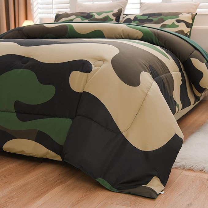 Meeting Story Camouflage Bedding Set, Colorful Pattern Style Comforter Set, 5 PCS One Comforter Two Pillowcases Two Sheets in One Bag, All Season Bedspread for Teens Adults (Green, Full 5Pcs) - LeafyLoom