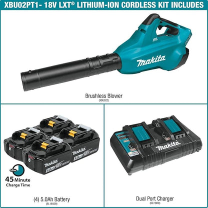 Makita XBU02PT1 36V (18V X2) LXT® Brushless Blower Kit with 4 Batteries (5.0Ah) - LeafyLoom