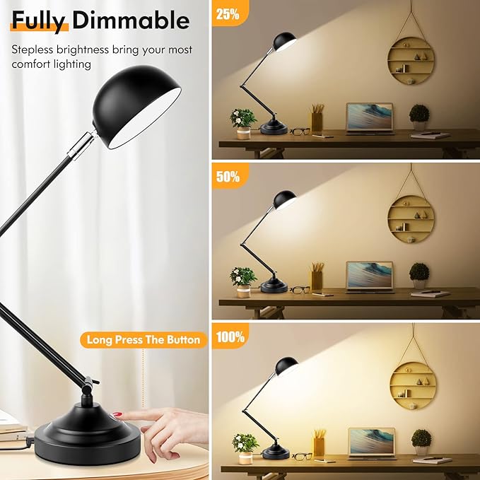 Touch Control LED Desk Lamp with USB Charging Port, Architect Black Metal Lamp with Adjustable Swing Arm, Dimmable Modern Table Lamp for Home Office Reading Study, 3000K/4000K/5000K 3 Color Modes - LeafyLoom