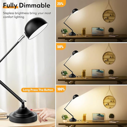 Touch Control LED Desk Lamp with USB Charging Port, Architect Black Metal Lamp with Adjustable Swing Arm, Dimmable Modern Table Lamp for Home Office Reading Study, 3000K/4000K/5000K 3 Color Modes - LeafyLoom