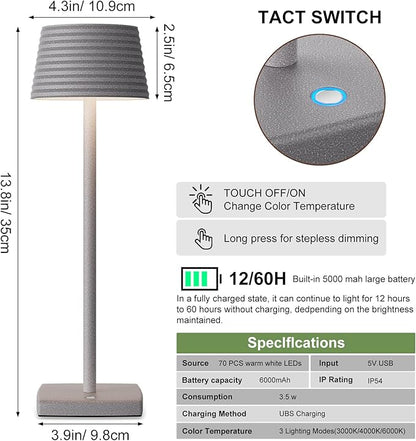 Rechargeable Cordless Table Lamp, Battery 5000mAh Metal Aluminum Housing USB LED Portable Powered Desk Lamp, 3 Levels Brightness Night Light for Restaurants Bars Outdoor (ferrous gray) - LeafyLoom