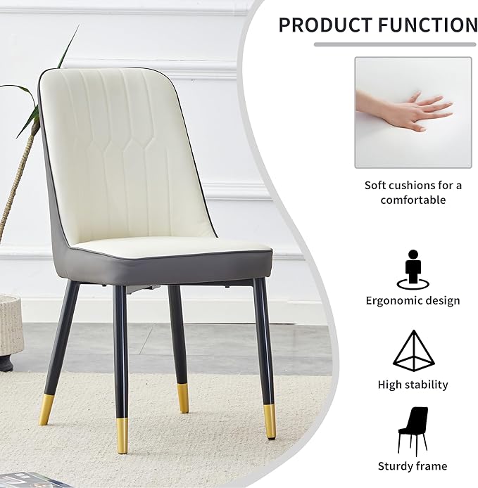 Modern Set of 2, Faux Leather Dining PU Upholstered Kitchen Chair with Black Golden Metal Legs for Home Living Room, Restaurant, 2 Piece, White+gray - LeafyLoom