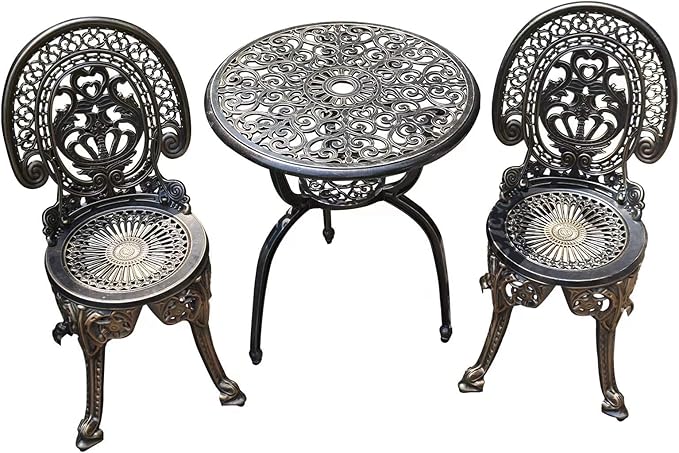 Patio Bistro Set.Rust-Resistant Cast Aluminum Bistro Table Set with Umbrella Hole for Backyard (Crown Copper) - LeafyLoom