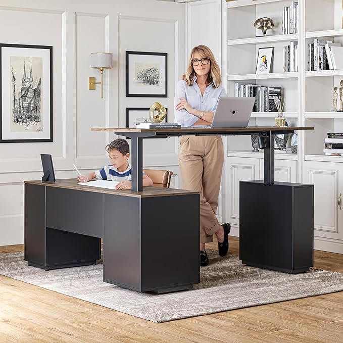 FEZIBO 63" L Shaped Executive Standing Desk with File Cabinet, Electric Height Adjustable, Black Walnut - LeafyLoom