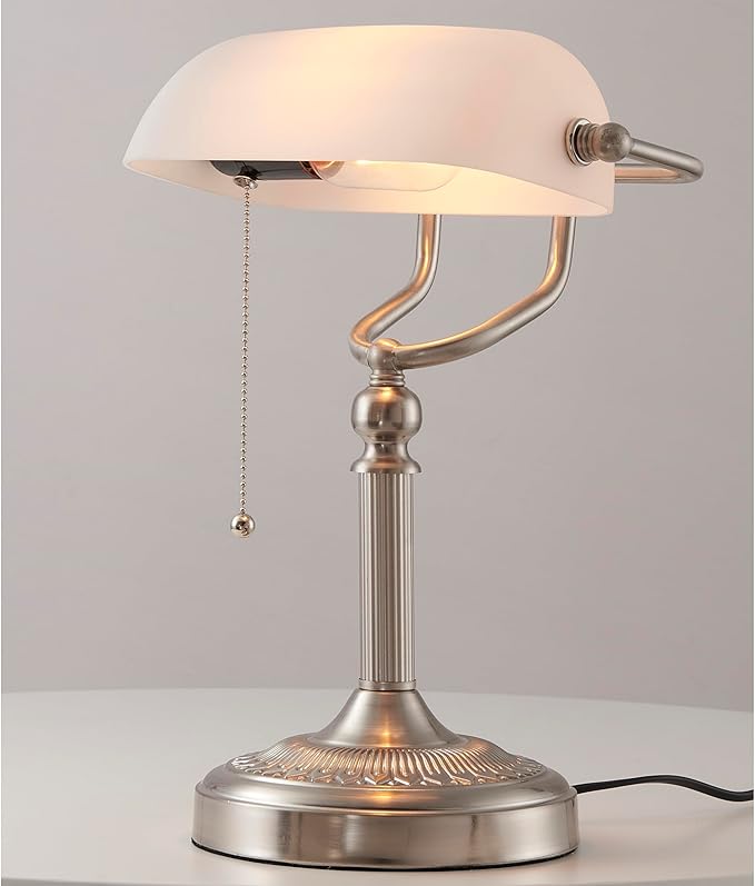 Newrays White Matted Glass Bankers Desk Lamp with Pull Chain Switch Plug in Fixture,Sand Nickel Base - LeafyLoom