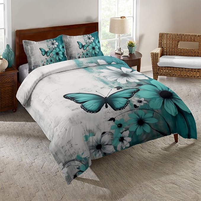 Butterfly Flowers Comforter Sets Queen Size, Vintage Floral Butterfly Kids Bedding Sets for girls Teens 3 Piece Bedroom Decor - LeafyLoom