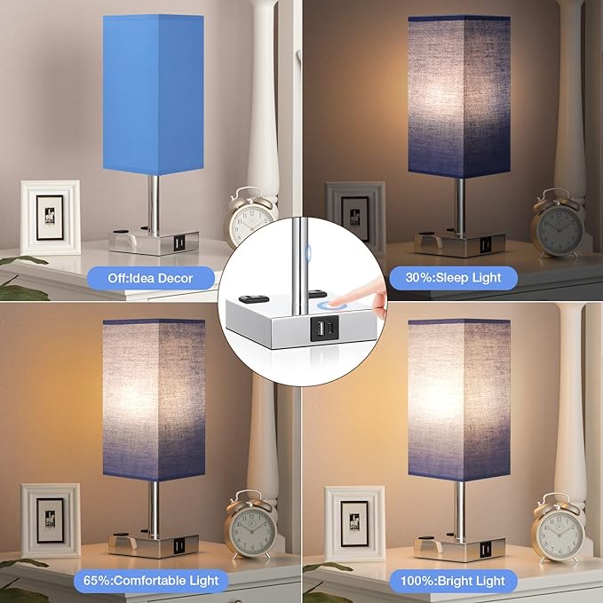 aooshine SW1 Blue Touch Lamp Set of 2 with USB Port Nightstand Lamp with USB-C+A Charge Ports& AC Outlets, 3-Way Dimmable Bedside Lamp, Small Table Lamp for Bedroom Living Room (Bulb Included) - LeafyLoom