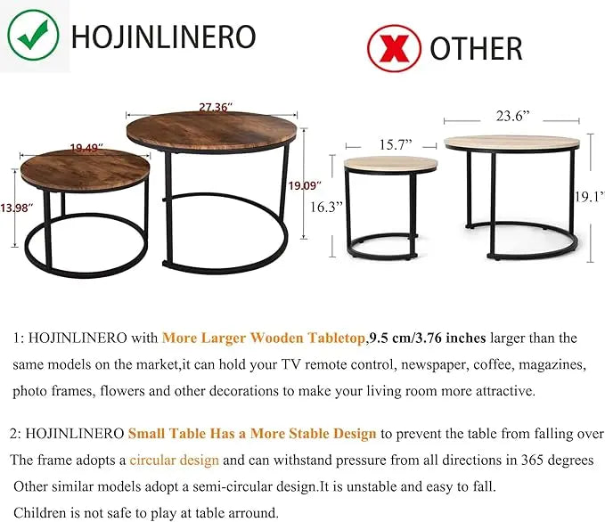 Industrial Round Coffee Table Set of 2 End Table for Living Room,Stacking Side Tables, Sturdy and Easy Assembly,Wood Look Accent Furniture with Metal Frame,Black+Rustic Brown - LeafyLoom