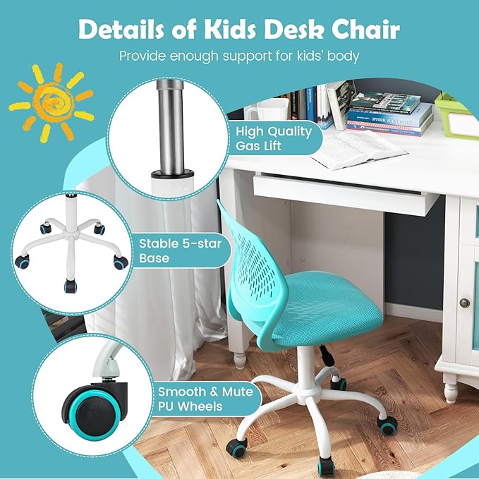 Kids Desk Chair, Ergonomic Kids Office Chair Ages8-12 w/Lumbar Support, Low-Back Teen Desk Chair for Girls Boys, Small Cute Kids Computer Chair for Bedroom/Study/Vanity Desk, Turquoise - LeafyLoom