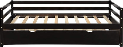 Twin Size Daybed with Hideaway Trundle,Multifunction Solid Wood Bed Frame,W/Wooden Slat Support and Guardrails,No Box Spring Needed,for Bedroom Children Room,Espresso - LeafyLoom