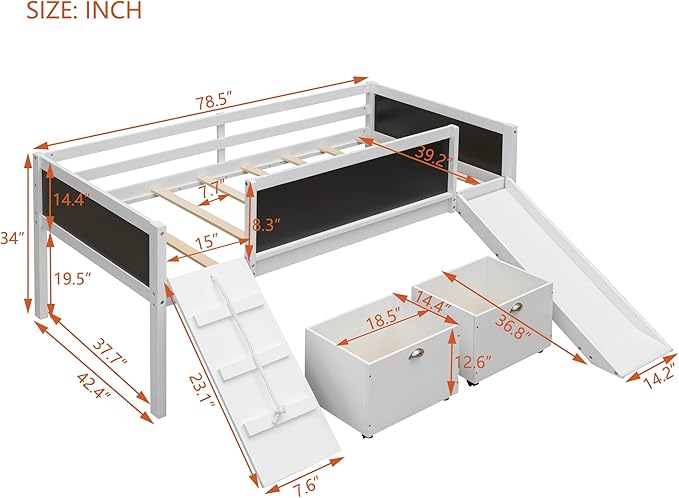 Twin Size Low Loft Bed with Slide and 2 Storage Boxes,Kids Low Loft Bed Frame with Climbing and Chalkboard,Solid Loft Bed Twin for Boys,Girls,White - LeafyLoom