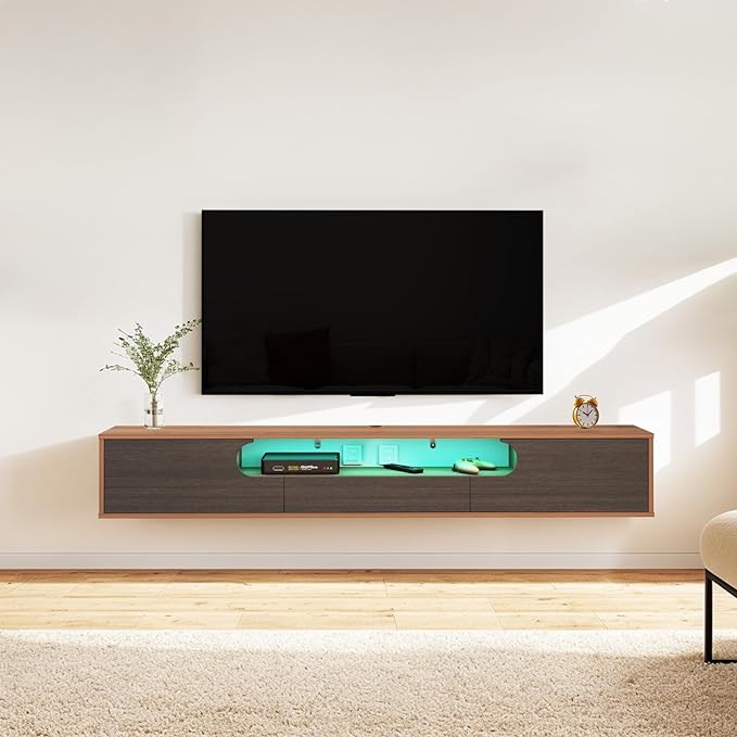 Pmnianhua Floating TV Stand with LED Lights,63'' Wall Mounted TV Cabinet Floating under TV Shelf Media Console Entertainment Center with Storage Living Room Playroom Bedroom(walnut) - LeafyLoom