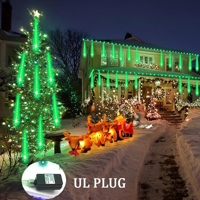 Halloween Lights Outdoor, Meteor Shower Lights Christmas Lights for Halloween Decorations, 8Tube 192LED Snow Falling Rain Icicle String Lights for Xmas Christmas Decor Tree Party,UL Plug Green Weepong