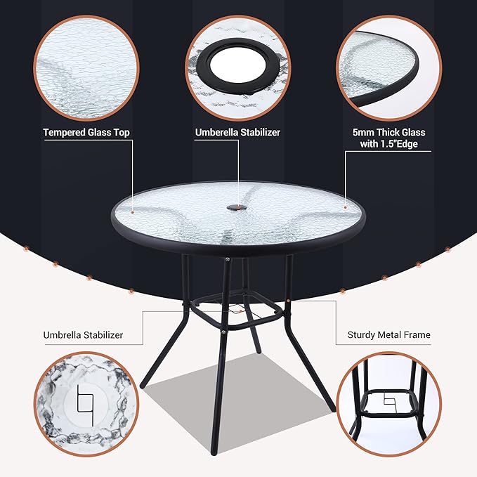 Nice C Outdoor Dining Sets, Patio Furniture Set, 8 Piece Set with Umbrella, Garden Outdoor Furniture Table Set with Tilted Removable Umbrella, Glass Table, and 6 Folding Chairs (Beige-6 Piece) - LeafyLoom