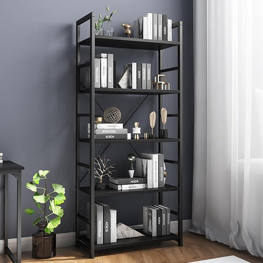 COTUBLR 5 Tier Bookshelf 24 Inch Bookcase Book Shelf Organizer Modern Tall Bookshelf Book Case Ladder Bookshelves Book Storage for Bedroom, Living Room, Home Office, Kitchen (Black) - LeafyLoom