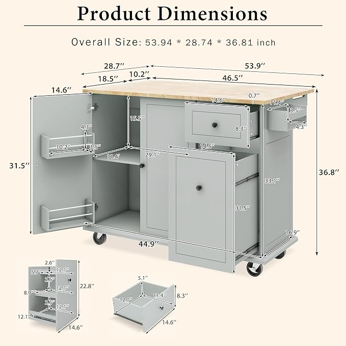 Kitchen Island with Drop Leaf,53.9" W Rolling Mobile Kitchen Cart W/Storage Rack,3 Tier Pull Out Cabinet Organizer,Spice-Rack&Towel-Rack,for Dining Room,Home Bar,Grey Blue - LeafyLoom