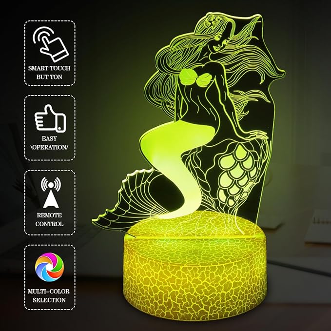 Mermaid Night Light,Gifts for Girls, 3D Illusion Lamp,Kids Bedside Lamp,16 Color Change Decor Lamp with Remote & Smart Touch, Gifts for Christmas Birthday - LeafyLoom