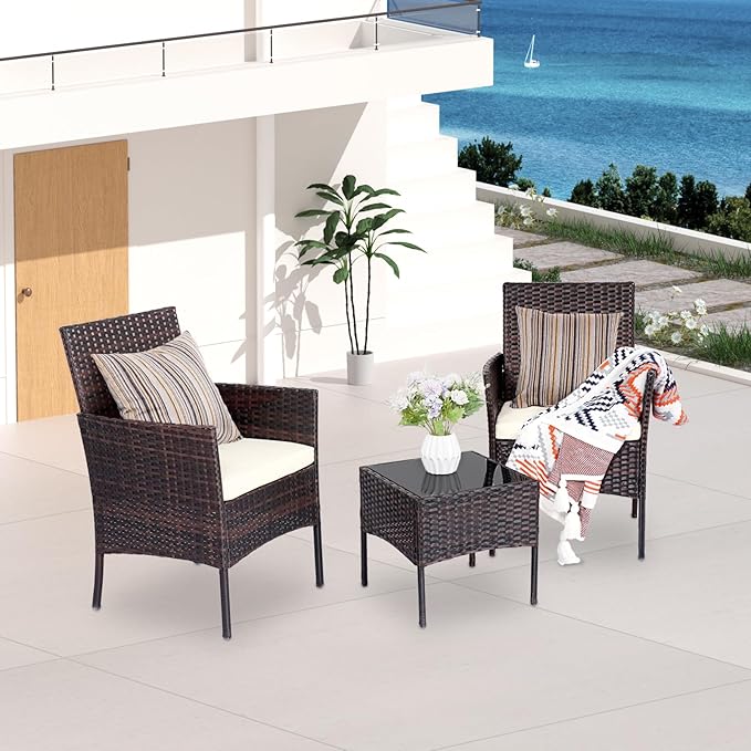 Patio Furniture Set 3 Pieces All-Weather Rattan Outdoor Furniture Patio Chairs with Tempered Glass Table for Porch Bistro Balcony Bistro Set(Brown/White) - LeafyLoom