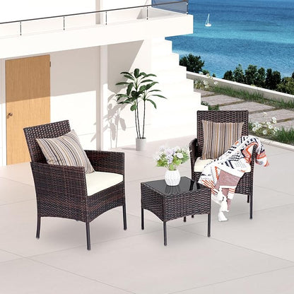 Patio Furniture Set 3 Pieces All-Weather Rattan Outdoor Furniture Patio Chairs with Tempered Glass Table for Porch Bistro Balcony Bistro Set(Brown/White) - LeafyLoom