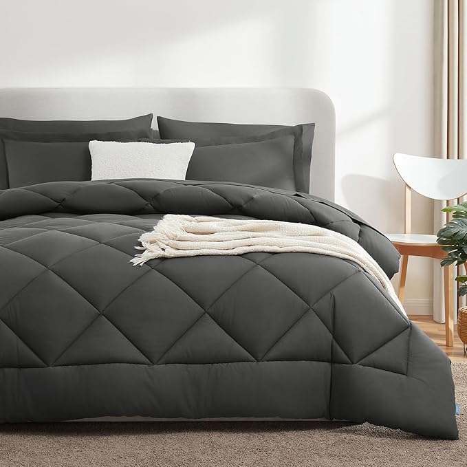 CozyLux Queen Bed in a Bag 7-Pieces Comforter Sets with Comforter and Sheets Dark Grey All Season Bedding Sets with Comforter, Pillow Shams, Flat Sheet, Fitted Sheet and Pillowcases - LeafyLoom