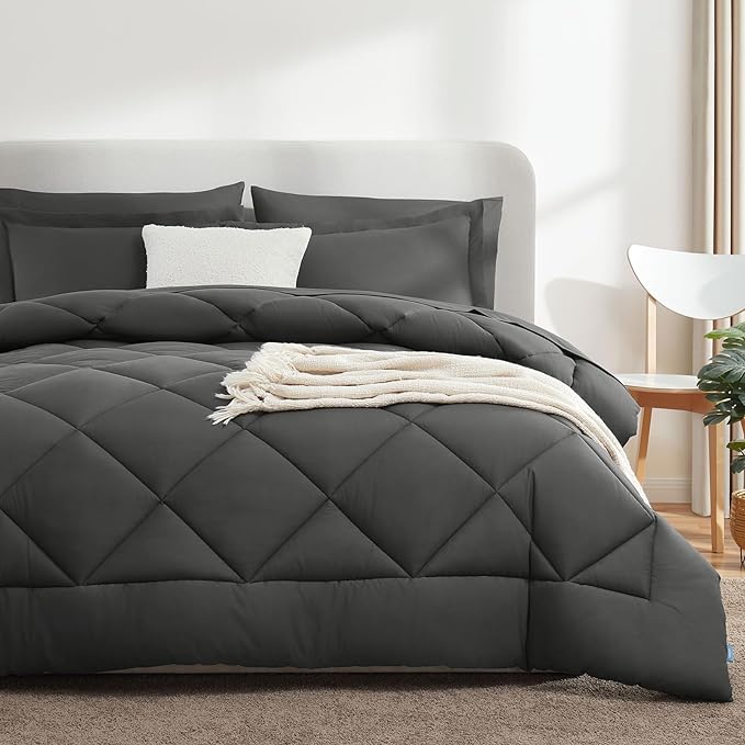 CozyLux King Bed in a Bag 7-Pieces Comforter Sets with Comforter and Sheets Dark Grey All Season Bedding Sets with Comforter, Pillow Shams, Flat Sheet, Fitted Sheet and Pillowcases - LeafyLoom