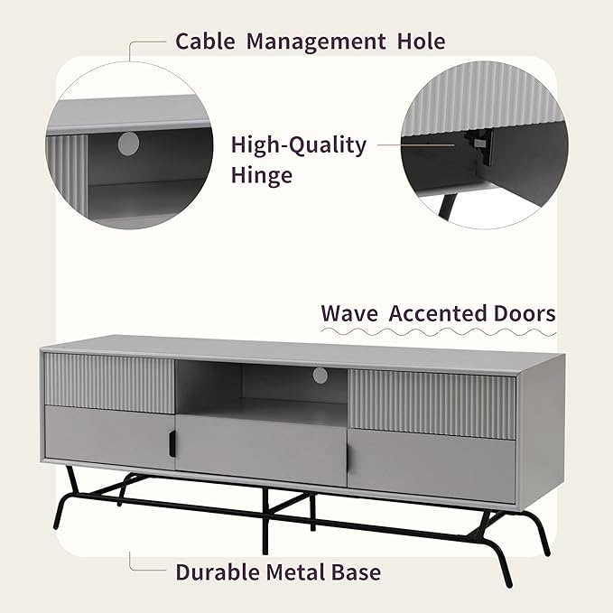 24/7 Shop at Home Quin Modern TV Stand with Storage Drawers, Media Console Cabinet, Entertainment Center for 65 inch Television, Unique Living Room Furniture, Grey Pure - LeafyLoom