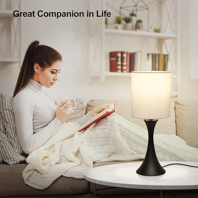 3 Way Touch Control Table Lamp, Modern Bedside Lamp for Bedroom, Dimmable Black Nightstand Lamp White Shade Desk Reading Light for Living Room Office Dorm, 3000K LED Bulb Included - LeafyLoom