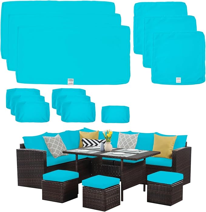 ClawsCover 13Pack Outdoor Seat and Back Cushions Replacement Covers Fit for 7Pieces Wicker Rattan Patio Furniture Set Sectional Couch with Dining Table and Ottoman,Turquoise-Include Cover Only - LeafyLoom