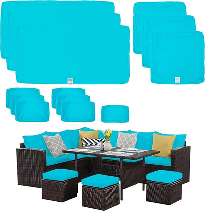 ClawsCover 13Pack Outdoor Seat and Back Cushions Replacement Covers Fit for 7Pieces Wicker Rattan Patio Furniture Set Sectional Couch with Dining Table and Ottoman,Turquoise-Include Cover Only - LeafyLoom