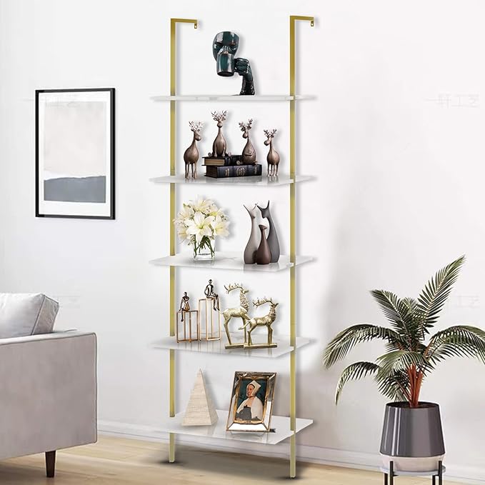 aboxoo Ladder Shelf White Marble Bookshelf 5-Tier Wall-Mounted Wood Rack Industrial Modern Plant Flower Stand Utility Organizer Open Bookcase Metal Frame Furniture Office Kitchen Bedroom - LeafyLoom