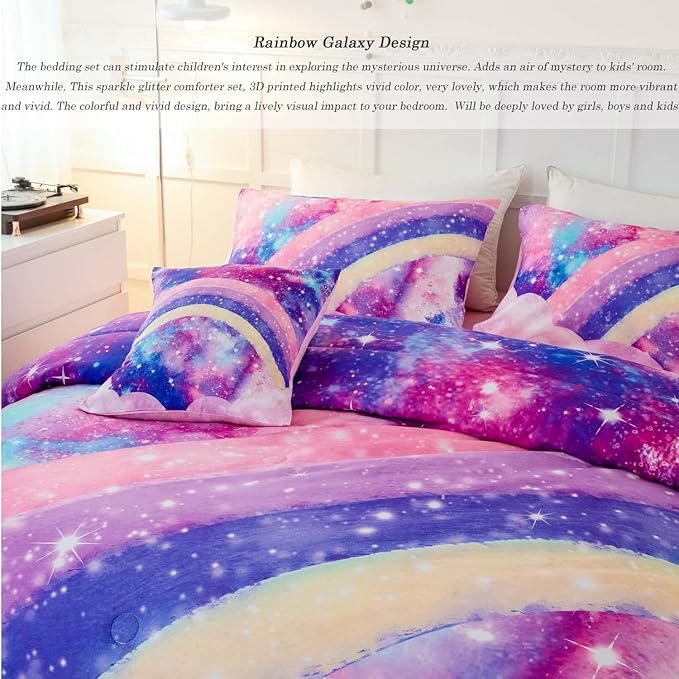 6Pcs Teen Pink Bedding Set Full for Girls, 3D Tie Dye Comforter Pink Colorful Rainbow Kids Comforter Set, Ultra Soft Pastle Nebula Printed Bed in A Bag with Sheets - LeafyLoom