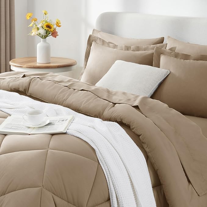 CozyLux Full Comforter Set with Sheets 7 Pieces Bed in a Bag Taupe All Season Bedding Sets with Comforter, Pillow Shams, Flat Sheet, Fitted Sheet and Pillowcases - LeafyLoom