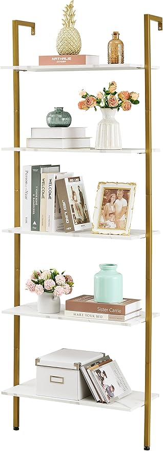 Tajsoon 5-Tier Ladder Shelf, Large Wall Mount Bookshelf with Metal Frame, Open Display Shelves for Living Room, Bedroom, Home, Plant Flower, White & Gold - LeafyLoom