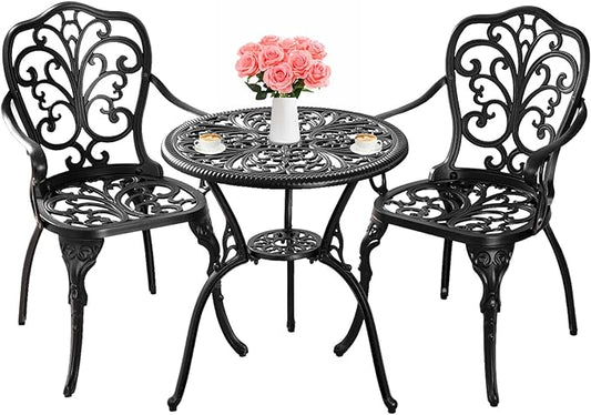 Bistro Table and Chairs Set of 2 Outdoor 3 Piece Bistro Sets Cast Aluminum Patio Bistro Set with Umbrella Hole, Patio Set for Garden, Black - LeafyLoom