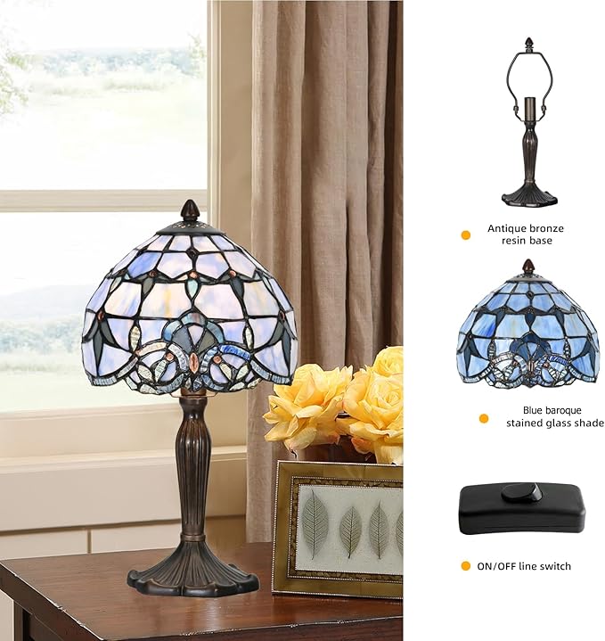 Tiffany Lamp Baroque Design Stained Glass Table Lamp for Living Room Bedroom Bedside Nightstand Home Office (Blue baroque) - LeafyLoom