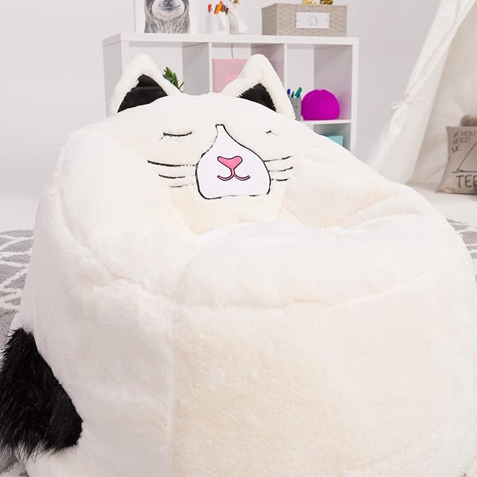 Posh Creations Cute Soft and Comfy Bean Bag Chair for Kids, Large, Animal - Ivory Cat - LeafyLoom