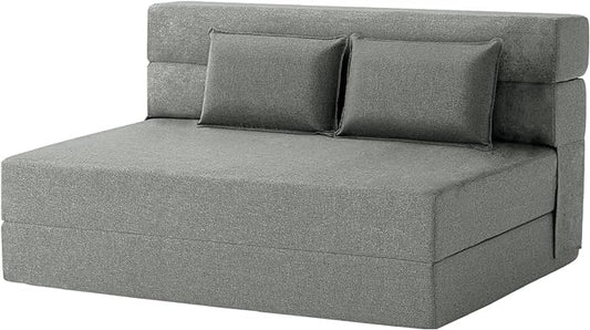 Convertible Folding Sofa Bed-Sleeper Chair with Pillow, Modern Linen Fabric Floor & Futon Couch, Foldable Mattress for Living Room/Dorm/Guest Use/Home Office/Apartment, Queen Size, Light Gray - LeafyLoom