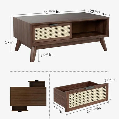 Bme Modern Solid Wood Coffee Table with Storage, Accent Rattan Design, Perfect for Living Room, Walnut, Medium - LeafyLoom