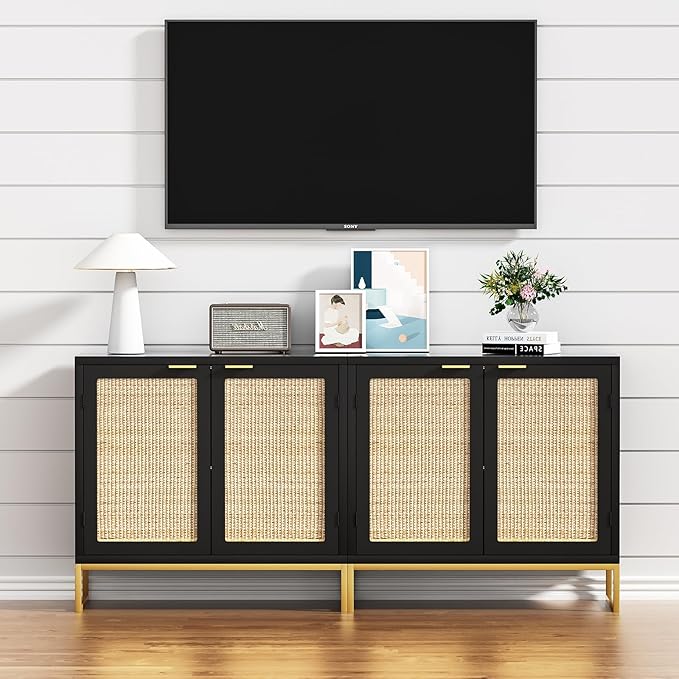 Anmytek Rattan Sideboard Buffet Kitchen Storage Cabinet with 2 Doors, Modern Black Accent Cabinet for Kitchen Buffet Cabinet with Storage for Kitchen - LeafyLoom