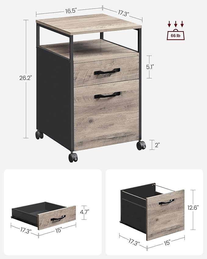 VASAGLE File Cabinet, Mobile Filing Cabinet with Wheels, 2 Drawers, Open Shelf, for A4, Letter Size, Hanging File Folders, Heather Greige and Ink Black UOFC071B02 - LeafyLoom