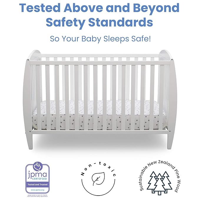 Delta Children Twinkle 4-in-1 Convertible Baby Crib, Sustainable New Zealand Wood, White and Delta Children Twinkle Galaxy Dual Sided Recycled Fiber Core Crib and Toddler Mattress (Bundle) - LeafyLoom