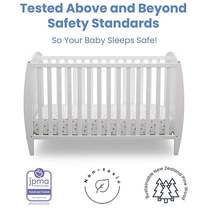 Delta Children Twinkle 4-in-1 Convertible Baby Crib, Sustainable New Zealand Wood, White and Delta Children Twinkle Galaxy Dual Sided Recycled Fiber Core Crib and Toddler Mattress (Bundle) - LeafyLoom