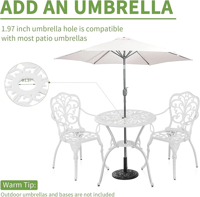 Patio Bistro Sets 3 Piece,Cast Aluminum Bistro Table and Chairs Set of 2 with 1.97" Umbrella Hole,All Weather Bistro Table Set Outdoor Patio Furniture for Garden,Yard(Butterfly White) - LeafyLoom