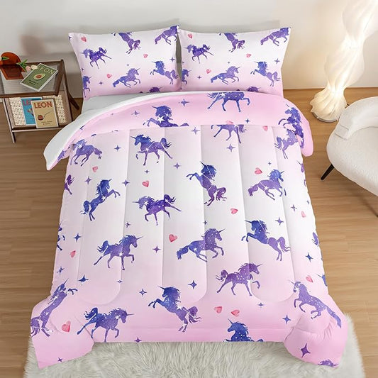 HOSIMA Kawaii Unicorn Comforter,Purple Unicorn with Stars and Love Heart Princess Toddler Bedding Set-Soft Microfiber King Size Comforter Set,Fairycore Room Decor Pink Comforter with 2 Pillowcases. - LeafyLoom