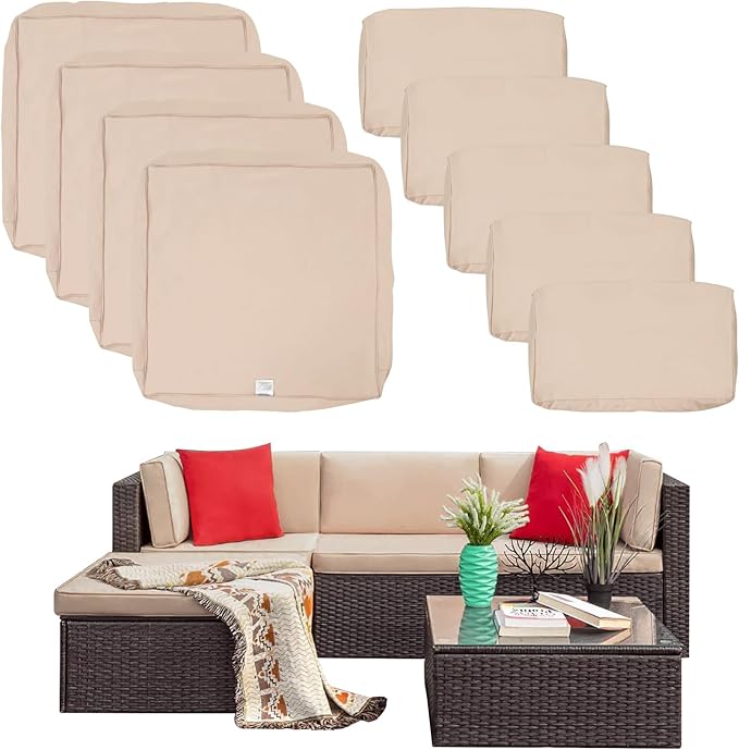 ClawsCover 9Pack Outdoor Seat and Back Cushions Replacement Covers Fit for 5 Pieces 4-Seater Wicker Rattan Furniture Patio Conversation Set Sectional Couch,Light Khaki-Include Cover Only (Large) - LeafyLoom