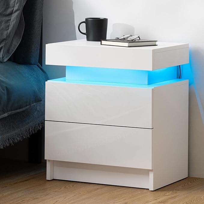 HOMMPA LED Nightstand White Nightstand with Led Lights Modern Night Stand with 2 High Gloss Drawers Led Bedside Table Smart Nightstand for Bedroom 20.5” Tall - LeafyLoom