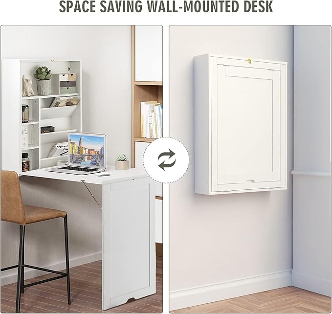 Wall Mounted Table w/Classified Storage Space, Foldable Multiple-Purpose Desk, Sturdy Wood Structure, White - LeafyLoom