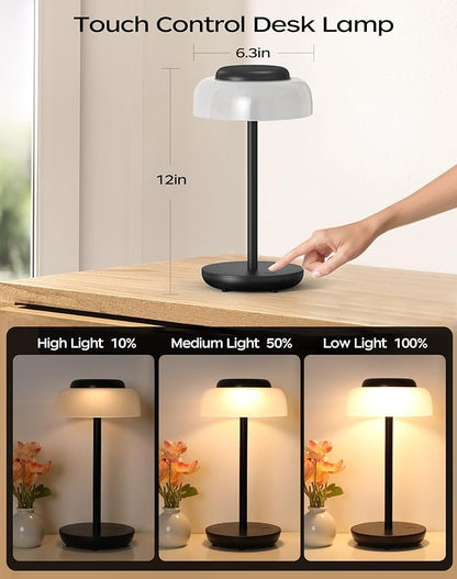 QiMH Battery Operated LED Table Lamp, 5000mAh Waterproof Cordless Desk Lamp with 3 Level Brightness Touch Control, Mini Rechargeable Night Light for Living Room, Bedroom, Outdoor bar (Black) - LeafyLoom